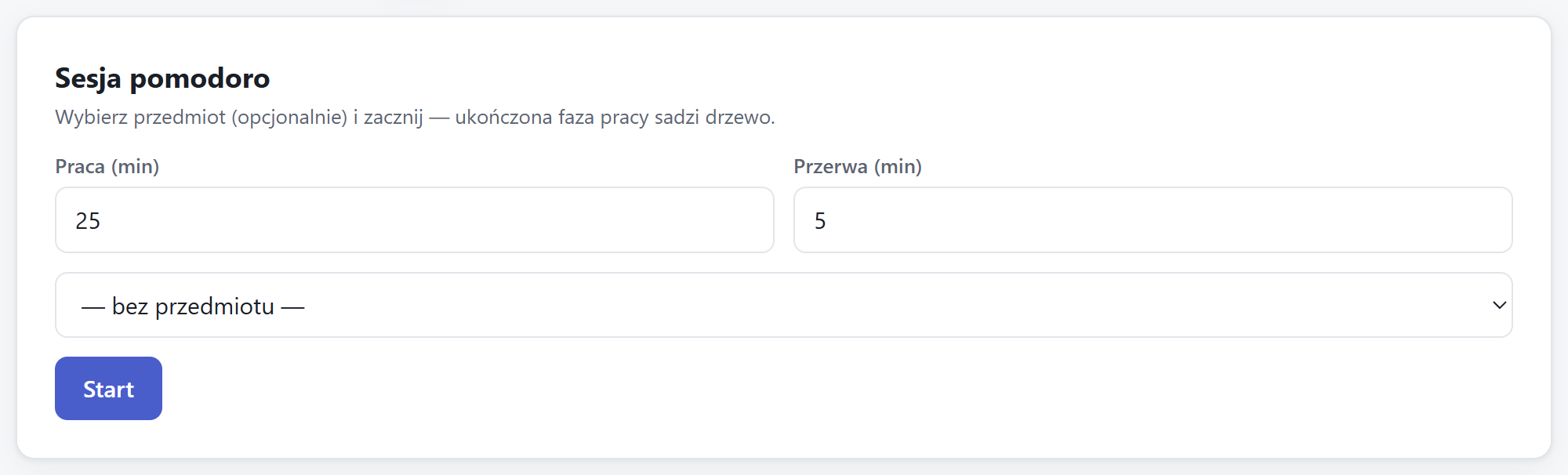 Karta sesji pomodoro z czasem pracy i przerwy