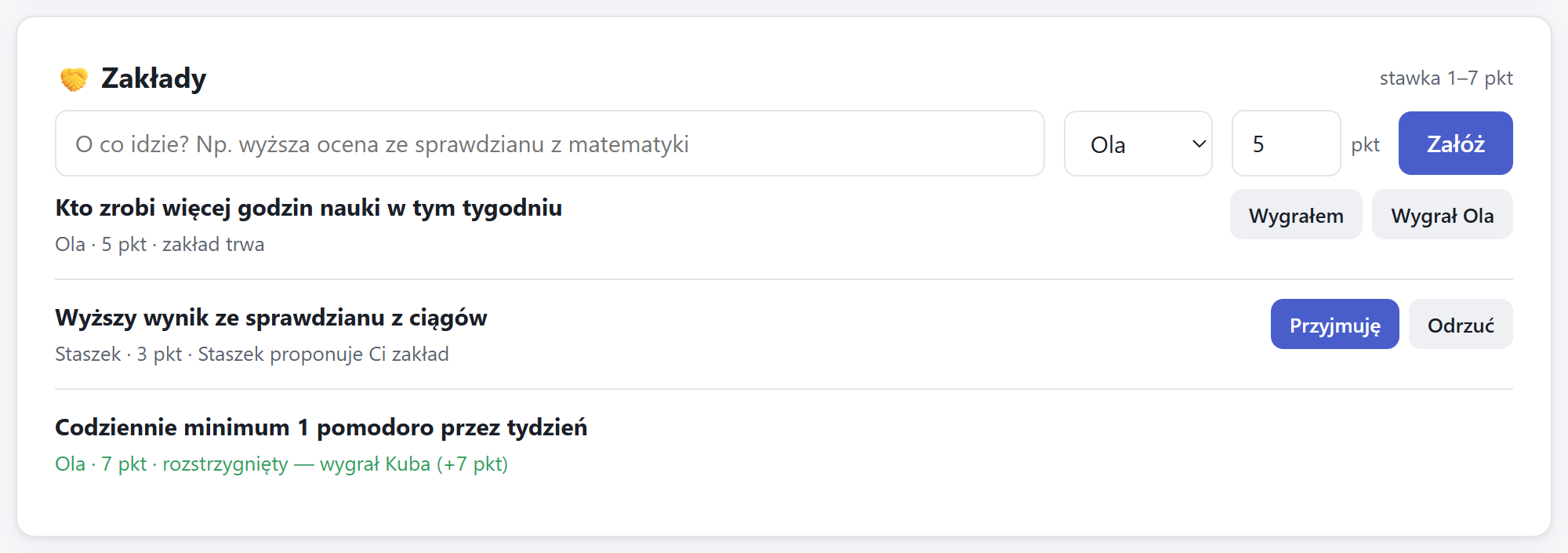 Lista zakładów: propozycje, aktywne i rozstrzygnięte