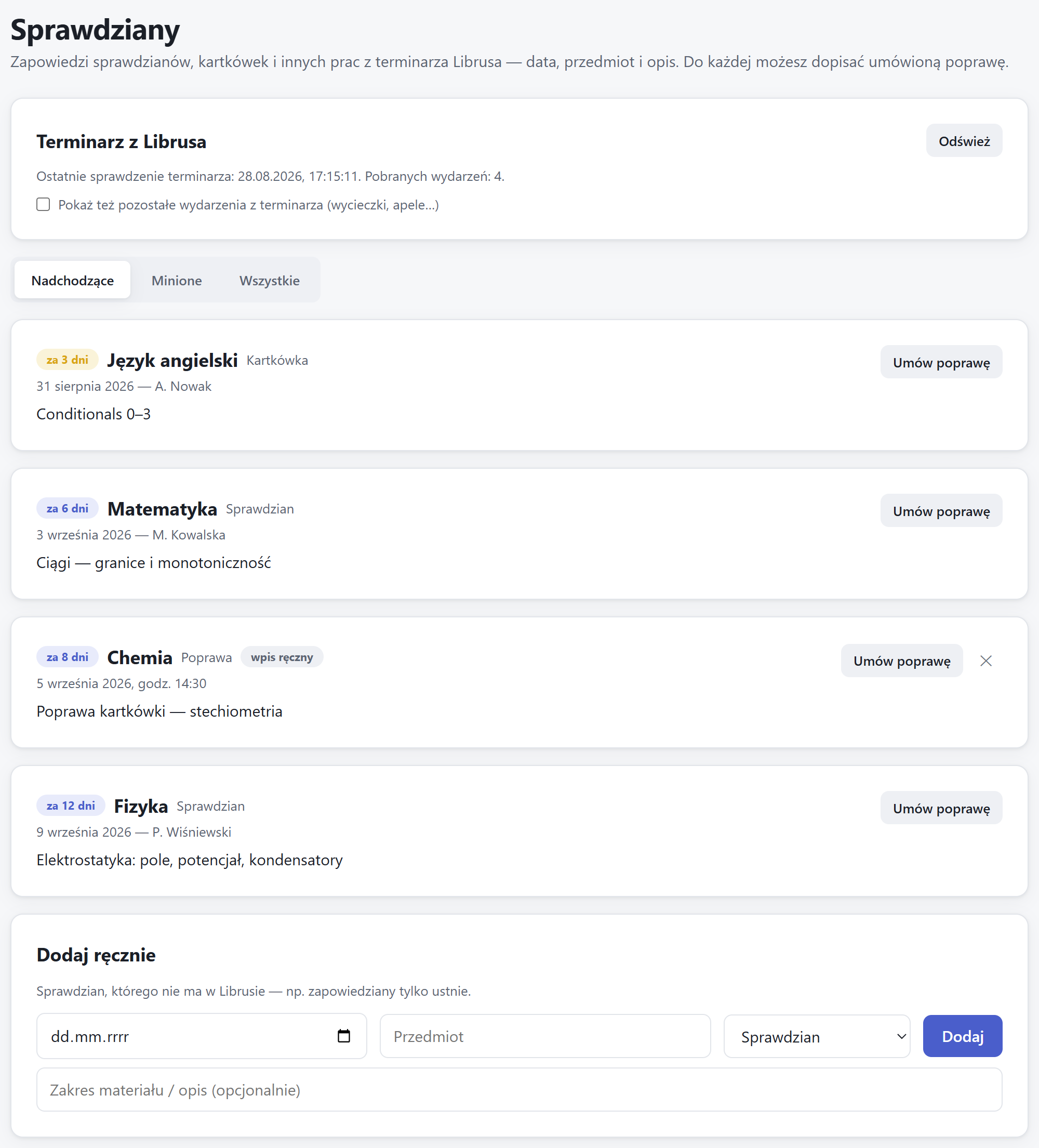 Lista nadchodzących sprawdzianów z odliczaniem dni, pobrana z terminarza Librusa